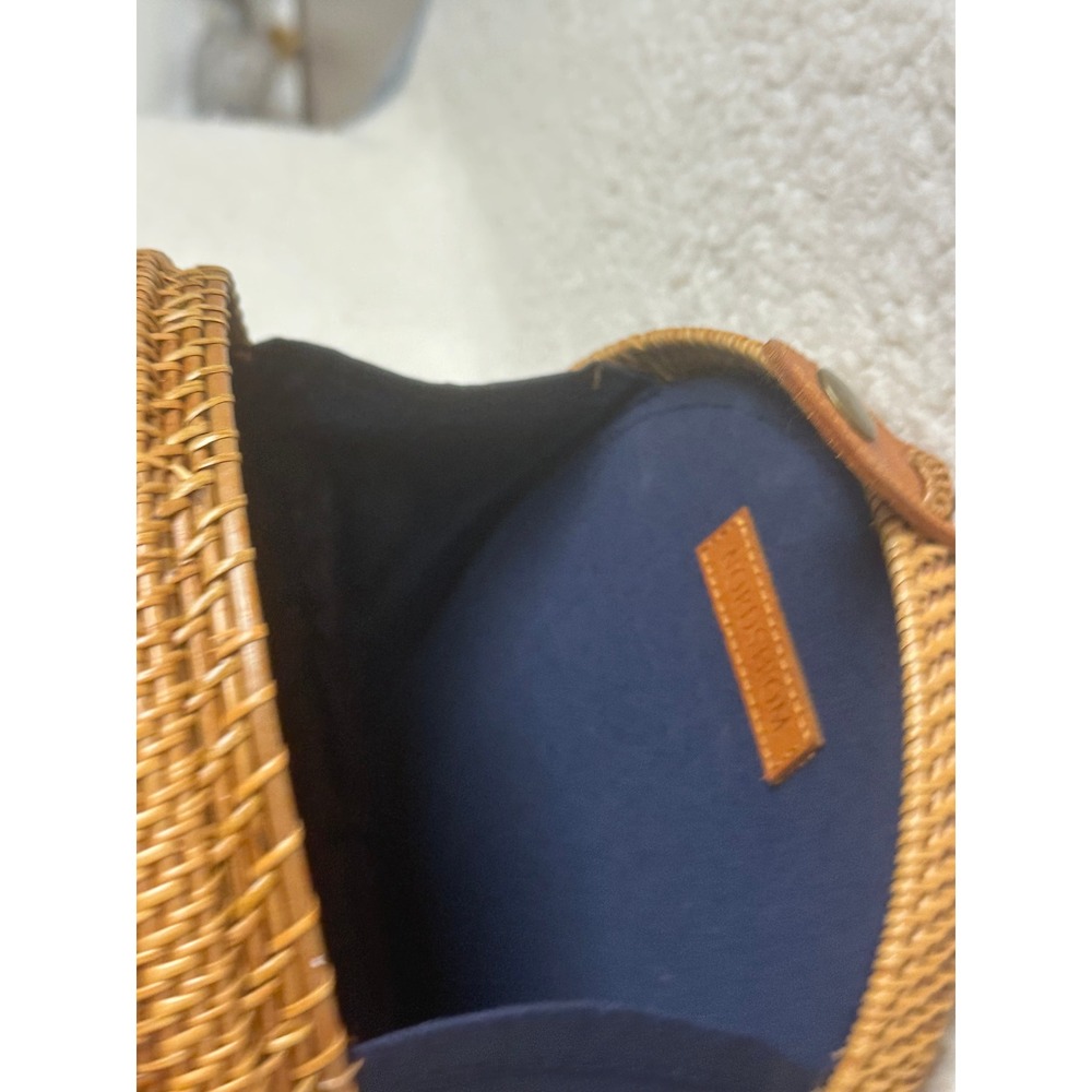 Nordstrom Round Crossbody Bag Brown Woven Rattan Leather Strap Artisanal Summer - Picture 6 of 10